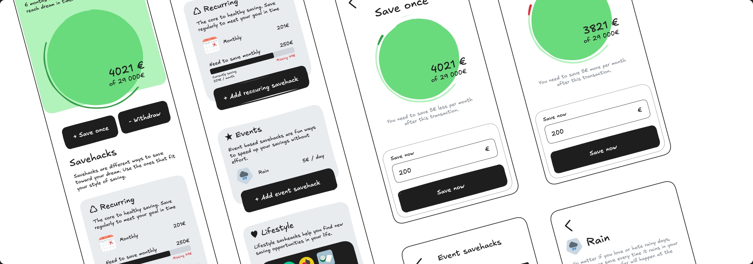 Hand-drawn wireframes of the deposit flow laid out side by side