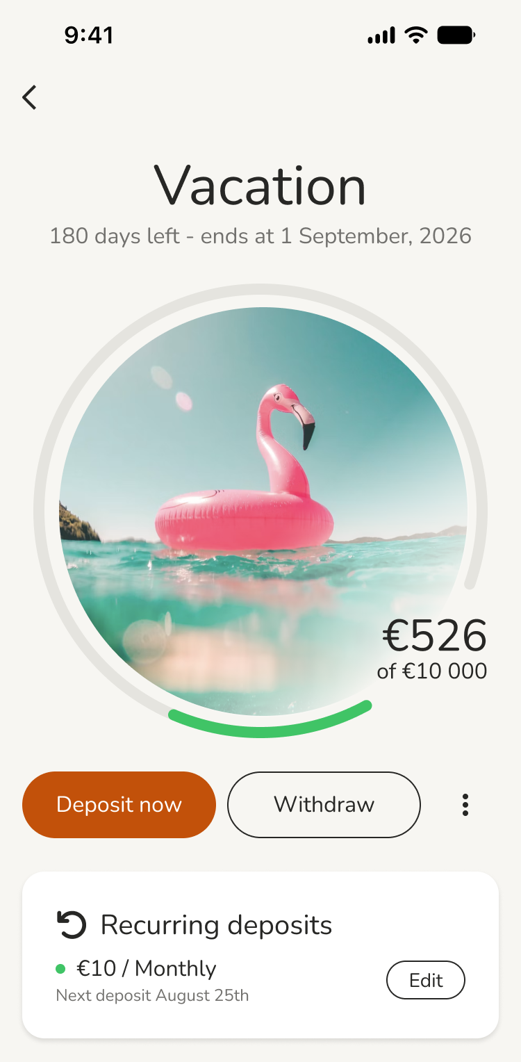 A savings goal screen in the Impact Finance app, showing progress toward a vacation and the recurring deposits set up for it