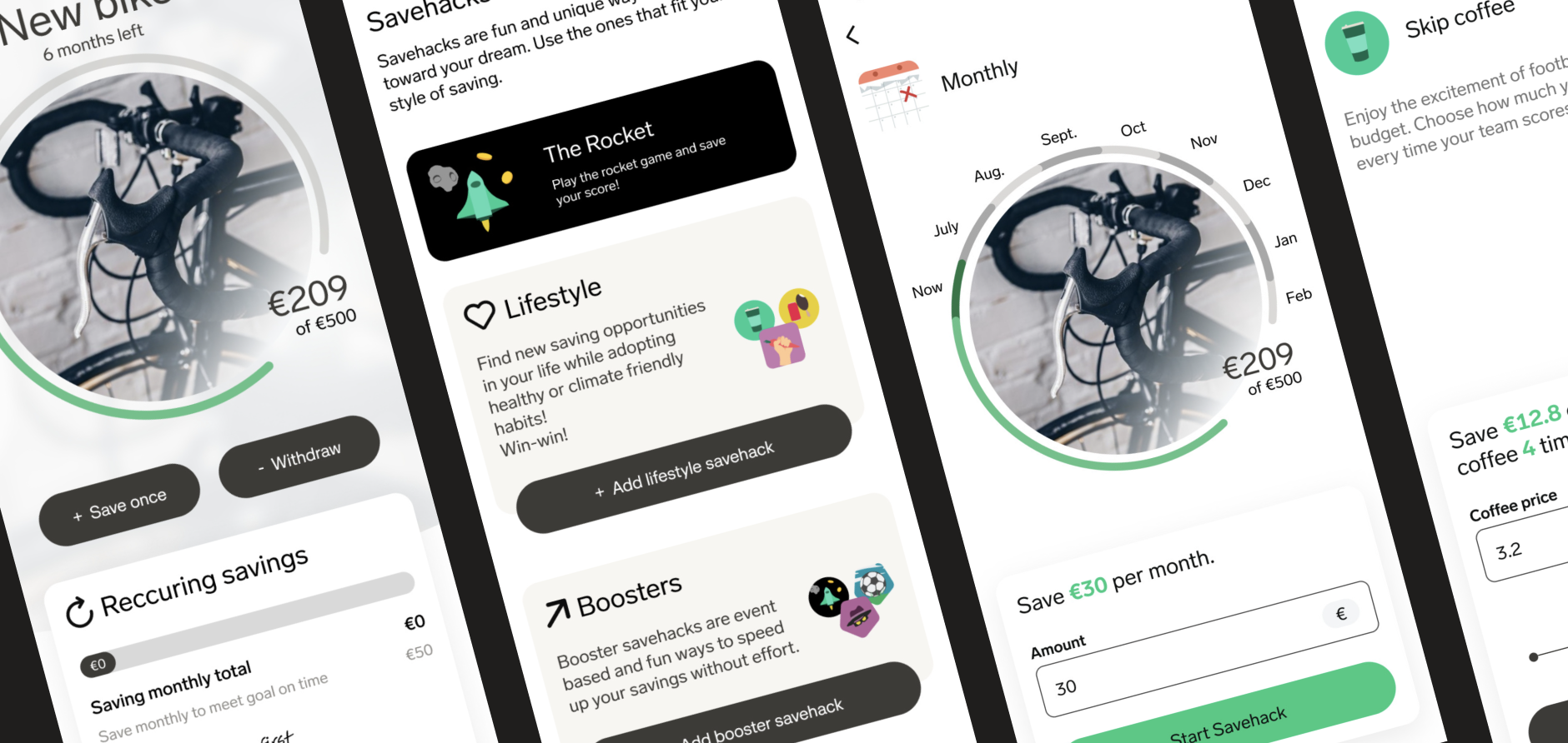 First interactive prototype screens on phone frames: a New bike goal with a progress ring, a savehacks list, and a monthly preview with a month-by-month selector.