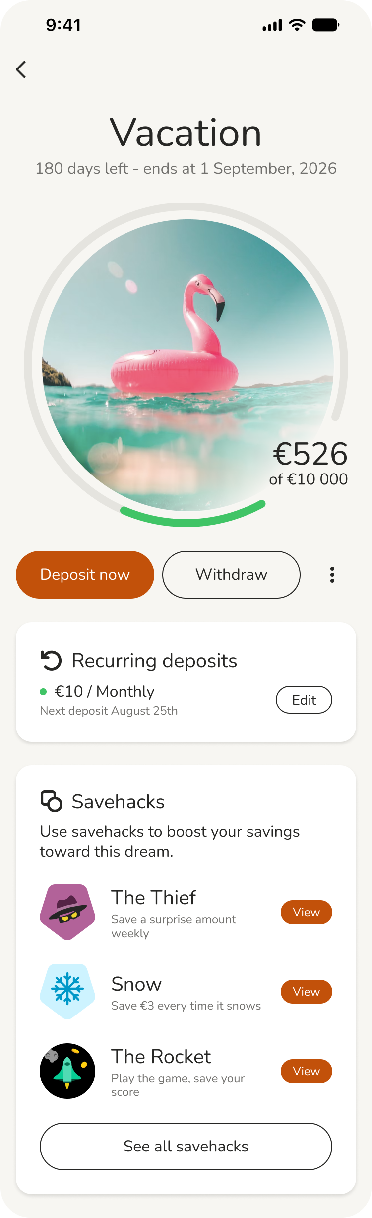 The redesigned Vacation goal screen: progress ring at €526 of €10 000, prominent Deposit now and Withdraw buttons, a Recurring deposits card, and savehacks in their own dedicated section below.
