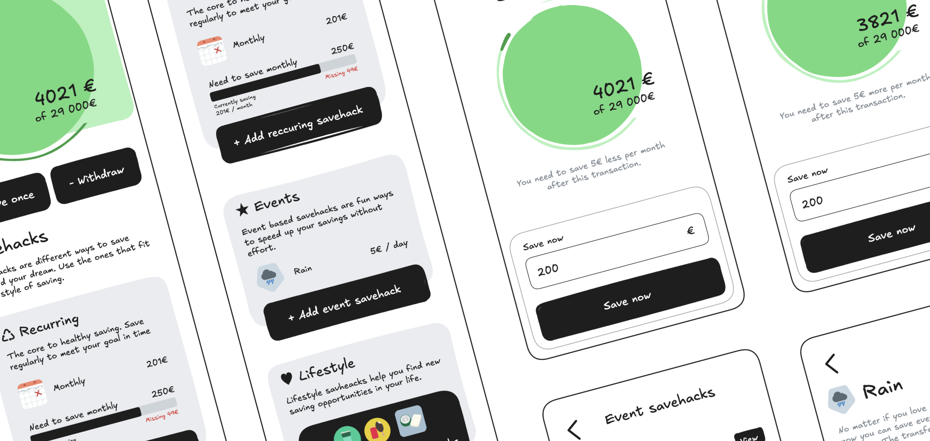 Early hand-drawn concept sketches on phone frames, exploring a goal screen with quick Save once and Withdraw actions above separate Recurring, Events and Lifestyle savehack sections.