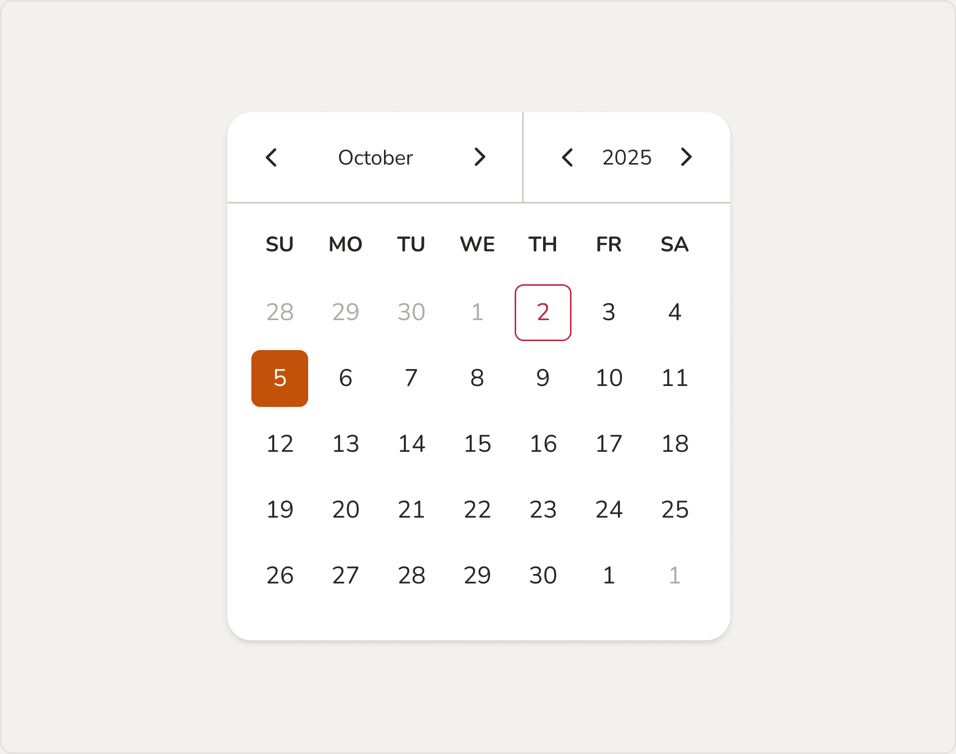 Date picker for choosing the deposit day, with month and year steppers and the 5th of October selected.