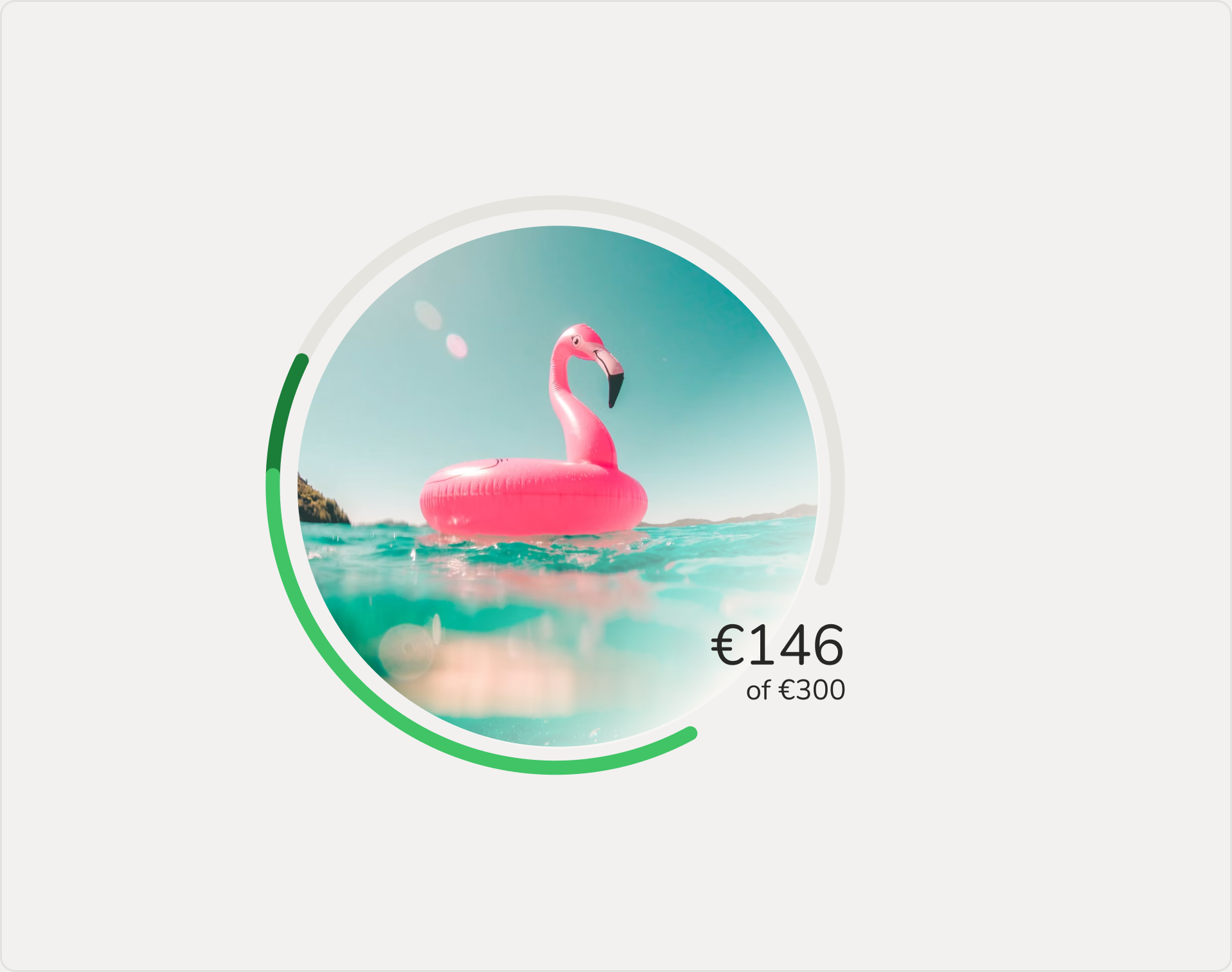 Savings goal progress ring around a photo, showing €146 of €300 saved.
